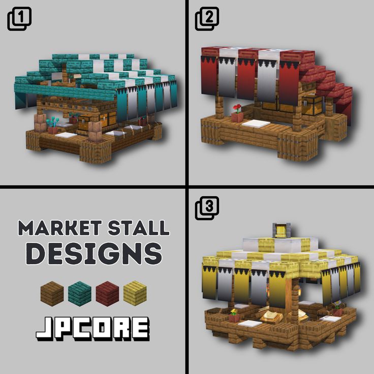 four different types of furniture made out of legos and blocks with text reading market stall designs