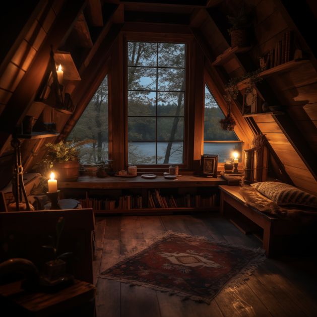 an attic bedroom with a bed, desk and bookshelf in the corner at night