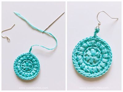 crocheted earrings and earring patterns are shown in three different pictures, one is blue and the other is green