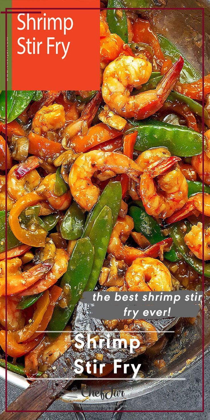 shrimp stir fry in a wok with the words shrimp stir fry on top and below it