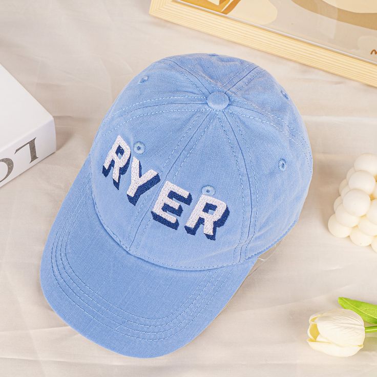 This personalized kids baseball hat is a great accessory for your little one's wardrobe. Made with high-quality materials, this custom embroidered cap is available in 11 different colors, so you can choose the one that best matches your child's style. With a circumference of 19-20inches, it is designed to fit kids between 2-6 years old. You can add your own custom text or design to make it unique and personal. Whether they're playing outside, going to the park, or just running errands with you, One Size Letter Embroidered Baseball Cap, One Size Fits Most Letter Embroidery Baseball Cap, One Size Letter Embroidery Baseball Cap, Cute Baseball Cap With Curved Brim And Letter Print, Cute Baseball Cap With Letter Print And Curved Brim, Cute Cotton Baseball Cap With Letter Print, Embroidered Hats For Baseball Season, Personalized Cotton Birthday Hat, Cute Letter Print Baseball Cap, One Size Fits Most