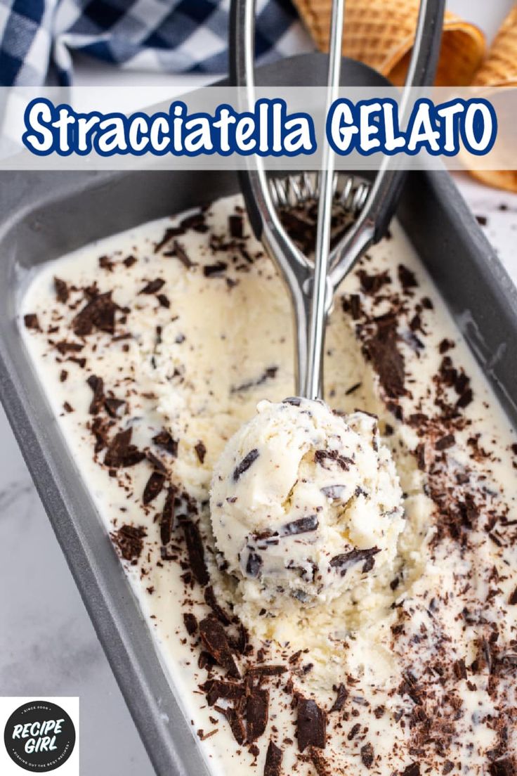 a scoop of ice cream in a pan with chocolate shavings and text overlay that reads, stracciatella gelato