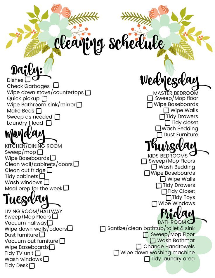 the cleaning schedule is shown with flowers and leaves on it, as well as a checklist