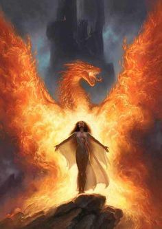 a woman standing on top of a rock next to a large fire breathing dragon in front of her