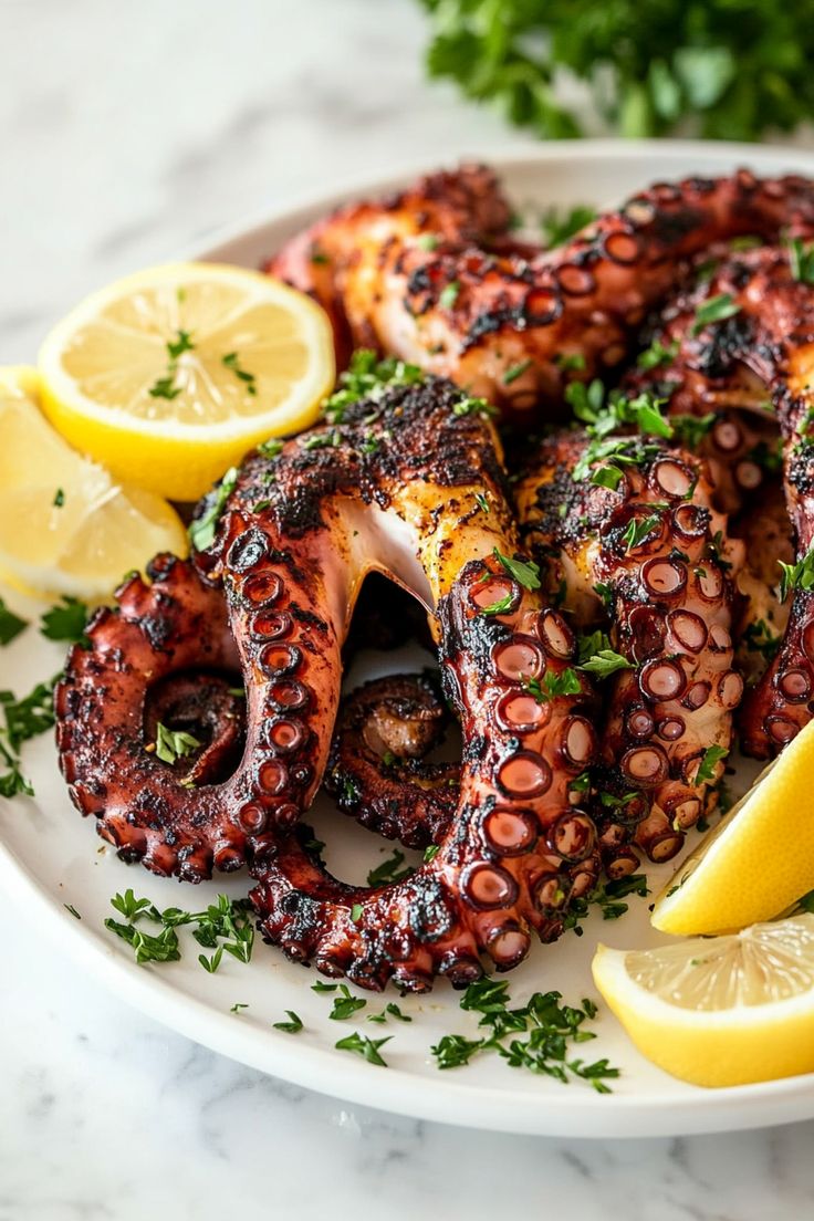 an octopus is served with lemon wedges and parsley