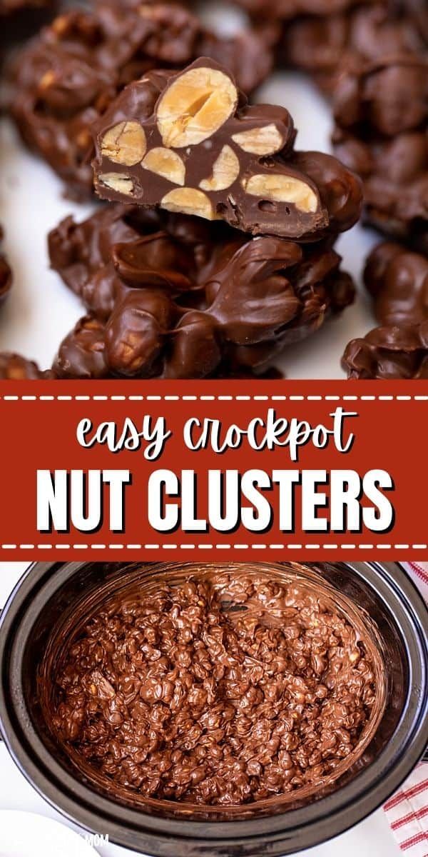 chocolate peanut butter clusters are stacked on top of each other with the words easy crockpot nut clusters