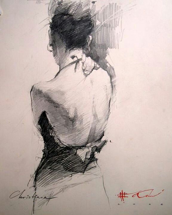 a black and white drawing of a woman's back with her hand on her shoulder