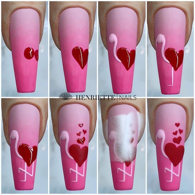 Dance Nails, Valentines Nail Art Designs, Flamingo Nails, Valentine Nail Art, Valentine Nails, Nail Art Designs Videos, Cute Nail Art, Acrylic Powder, Heart Nails