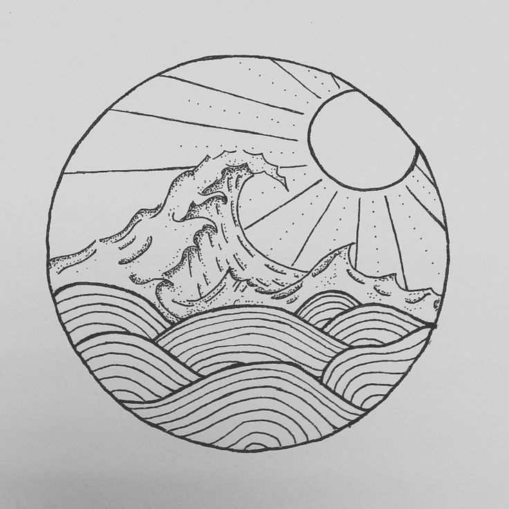 a drawing of waves and the sun in a circle