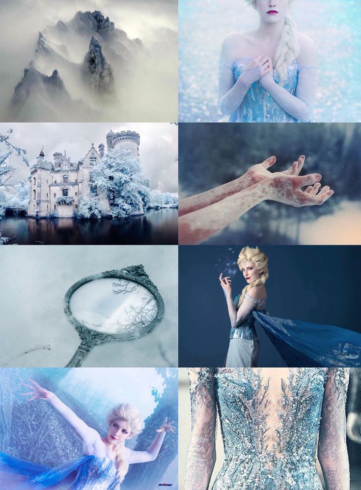 the collage shows different scenes from frozen water and snow princesses, with mountains in the background