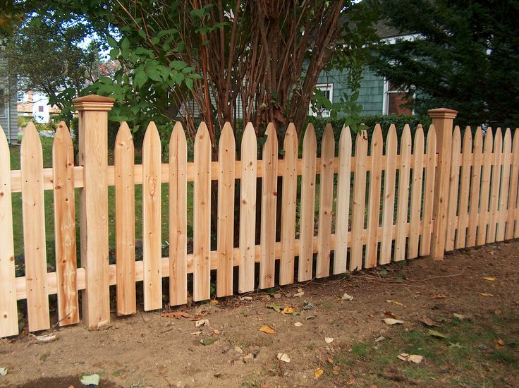 a wooden fence is shown in front of a tree and grass area with dirt on the ground