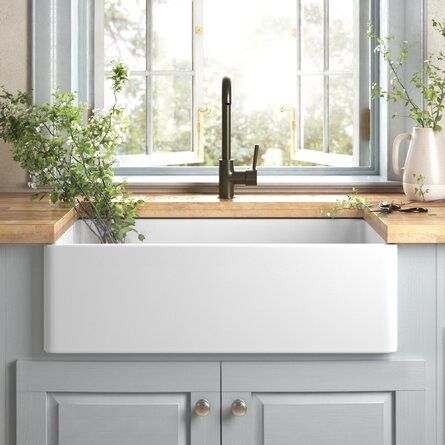 a kitchen sink sitting under a window next to a counter top with potted plants