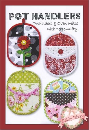 three pot holders and oven mitts are featured in this ad for the sewing book