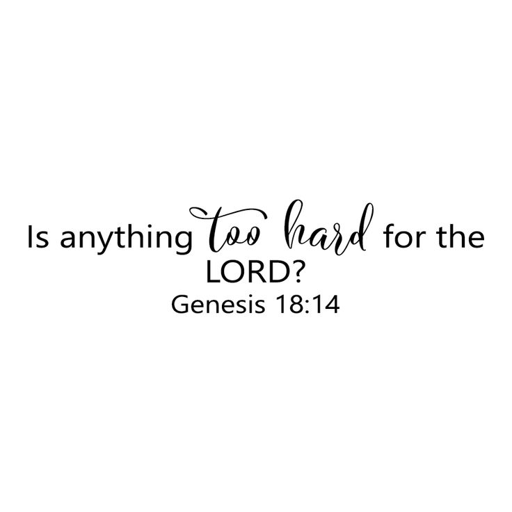 Genesis 18v14 Vinyl Wall Decal  "Is anything too hard for the LORD?" - Genesis 18:14    Genesis 18v14 Vinyl Wall Decal About Products from Wild Eyes Signs * Colors can be selected from our Wild Eyes Signs Color Palette. * Our Vinyl Wall Decals are made with high-quality removable vinyl and are custom cut when purchased. * These removable matte-finish vinyl decals will look painted on when applied to the wall. * This product is a one-time application. The decals are removable, but not reusable. * Genesis 26:12, Wall Lettering, Comforting Bible Verses, Church Youth, Wild Eyes, Bible Study Verses, Christian Bible Quotes, Bible Motivation, Biblical Verses