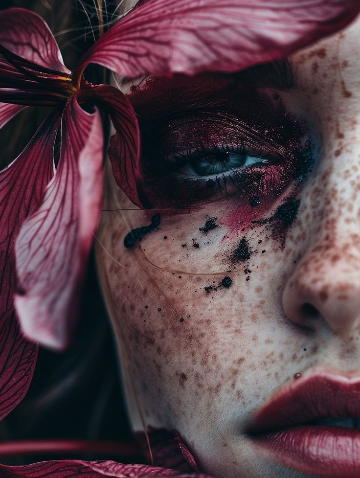 a woman with freckles on her face and flowers in front of her face