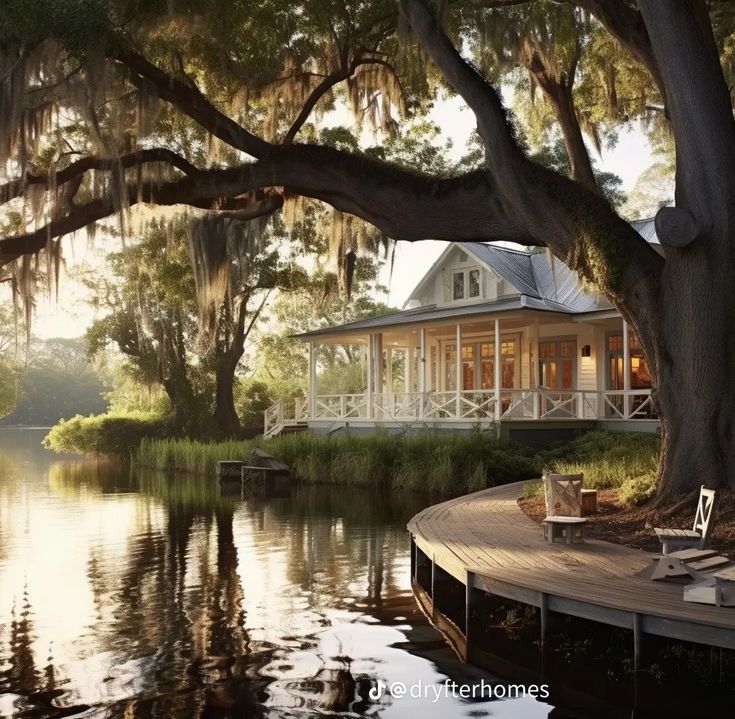 a house sitting on top of a lake next to a tree