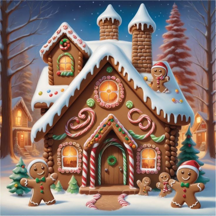 a christmas scene with gingerbread houses and candy canes