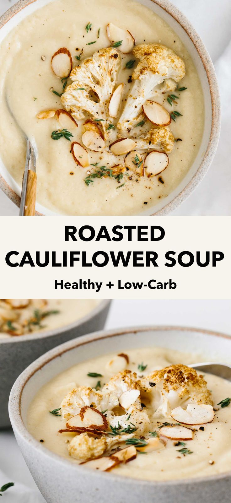 roasted cauliflower soup in a white bowl with spoons and garnishes