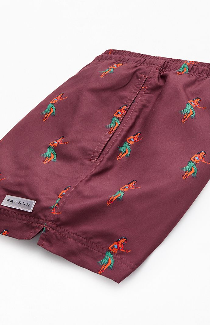 Dive into summer with the Hula AOP 4.5" Swim Trunks from PacSun, featuring an elastic stretch waistline for comfort. Complete with side pockets, a single back pocket, full mesh lining, and a vibrant tropical print throughout, these trunks are perfect for any beach day. 100% Recycled polyester


	Elastic stretch waistline
	Adjustable drawstrings
	Side pockets
	Single back pocket
	4.5" Inseam
	15" Outseam
	100% Recycled polyester
	Machine washable


Learn more about PacSun eco items Red Fitted Swim Trunks For Summer, Red Summer Swim Trunks, Fitted Red Swim Trunks For Summer, Vacation Red Swimwear With Built-in Shorts, Casual Fitted Swimwear With Elastic Waistband, Red Summer Bottoms For Vacation, Red Bottoms With Built-in Shorts For Poolside, Red Elastic Waistband Shorts For Swimming, Red Shorts With Elastic Waistband For Swimming