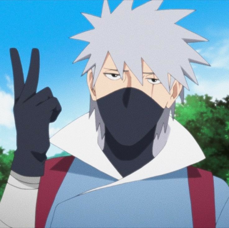 an anime character with white hair wearing a black mask and holding up the peace sign