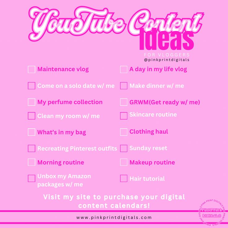 a pink poster with the words you tube content ideas