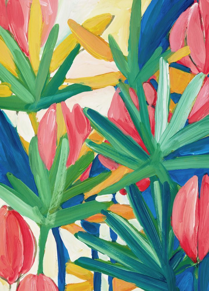 a painting of pink flowers and green leaves on a white background with blue, red, yellow and orange colors