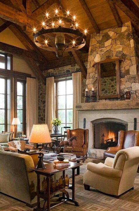 a living room filled with furniture and a fire place in the middle of a room