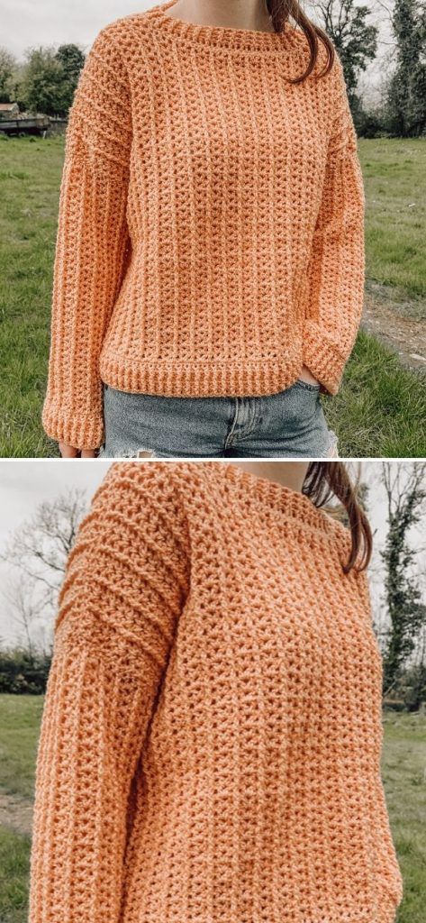 two pictures of a woman wearing an orange knitted sweater and jeans, one in the process of knitting