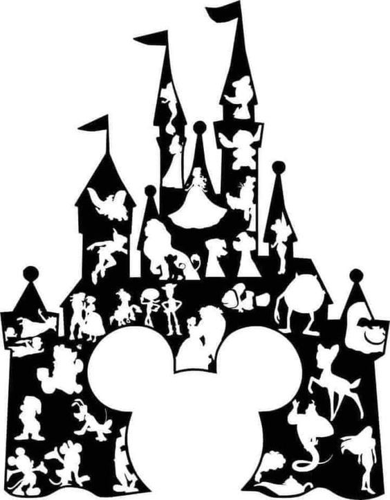 mickey mouse castle silhouetted in black and white