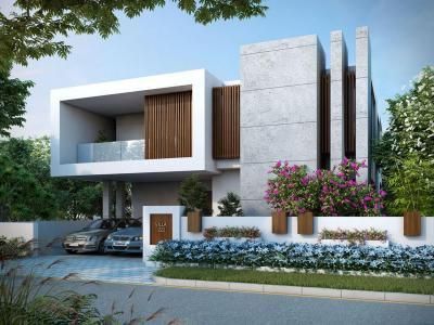 an artist's rendering of a modern house in the middle of a residential area