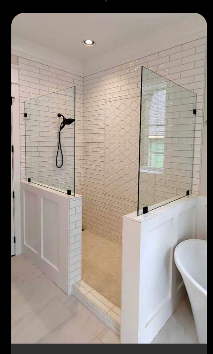 a bathroom with a walk in shower next to a bathtub