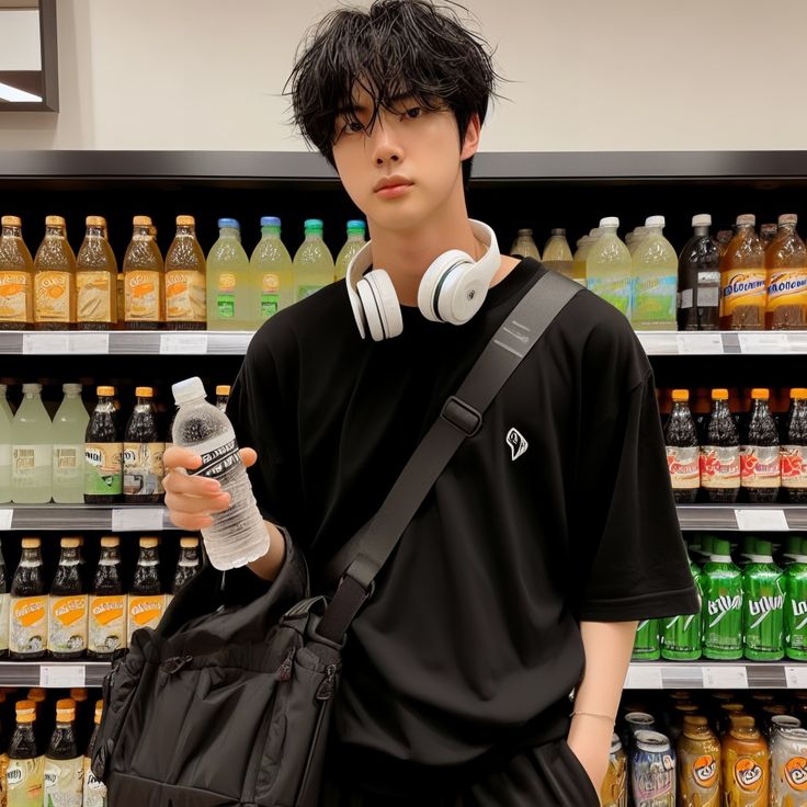 a man with headphones on holding a water bottle in front of a store display