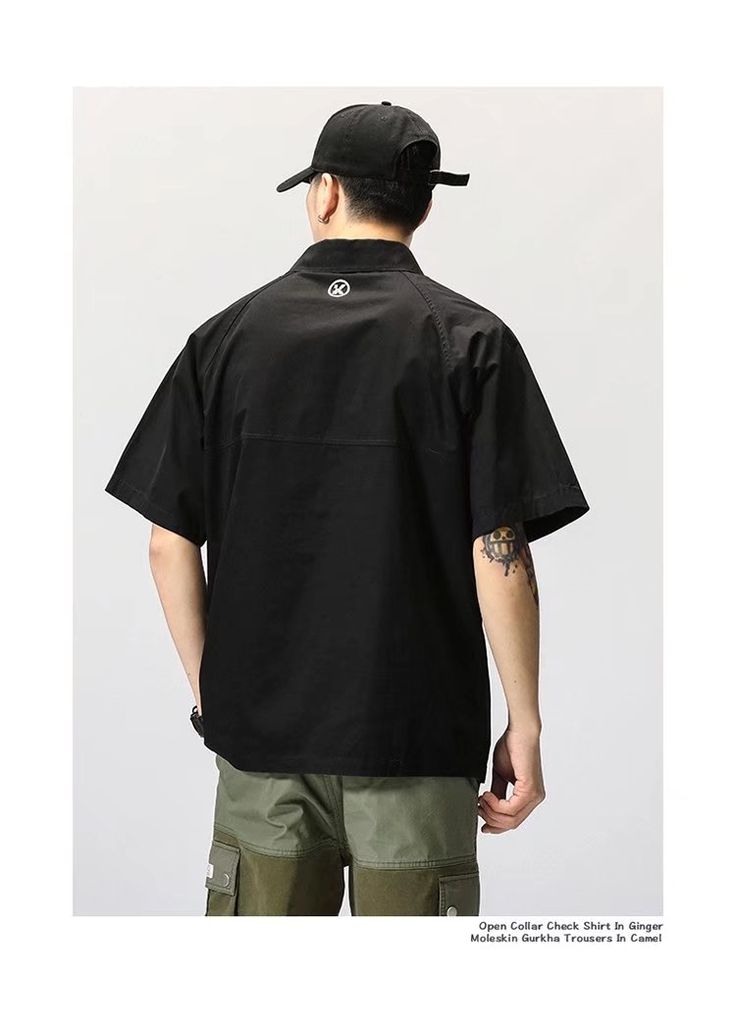 Product Show： Black Solid Color Button-up Shirt, Black Shirt For Summer, Baggy Solid Top With Pockets, Summer Techwear Cotton Top, Summer Cotton Techwear Top, Baggy Top With Pockets, Black Camp Collar Top With Pockets, Black Casual Collar Shirt, Black Half Sleeve Shirt For Streetwear