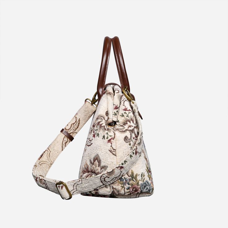 With a nod to the Victorian era, MCW’s freshly combines the classic and elegant design of the traditional carpet bag with a textural and tactile twist.The main body of purse-sized bags is made with thick chenille carpets. The handles and belts are genuine leather with heavy cotton canvas lining. Six bronze stands at the bottom allow the bag to stand stably. Every bag comes with a detachable and adjustable shoulder strap (55 inches) made from the same chenille as the bag and fixed with high-quali Luxury Beige Bags With Adjustable Handle, Elegant Canvas Bag With Detachable Strap For Daily Use, Elegant Tapestry Bags For Everyday Use, Elegant Canvas Bag With Double Handle And Adjustable Strap, Beige Handheld Satchel With Leather Handles, Vintage Tapestry Bag With Adjustable Strap, Elegant Tapestry Shoulder Bag With Leather Handles, Tapestry Tote Satchel For Everyday Use, Everyday Tapestry Tote Satchel