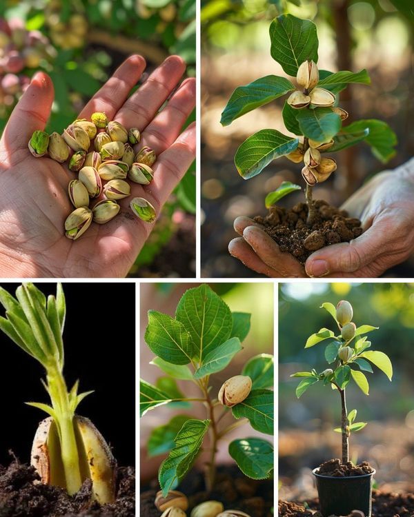 there are many pictures of different plants in the soil and hands holding them up to plant seedlings