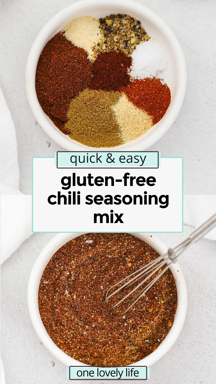 two bowls filled with spices and the words gluten - free chili seasoning mix