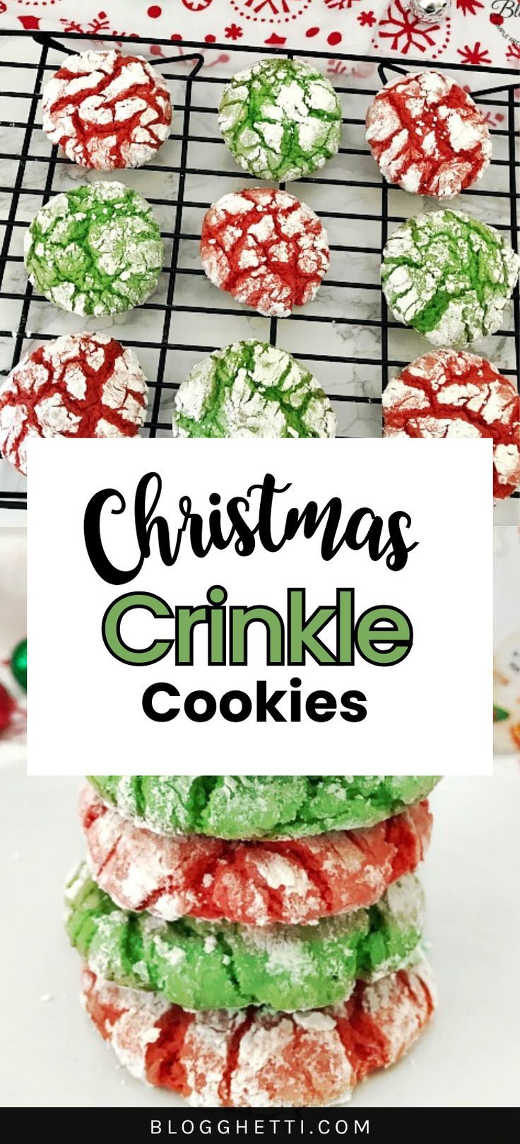 christmas crinkle cookies stacked on top of each other with the title overlay