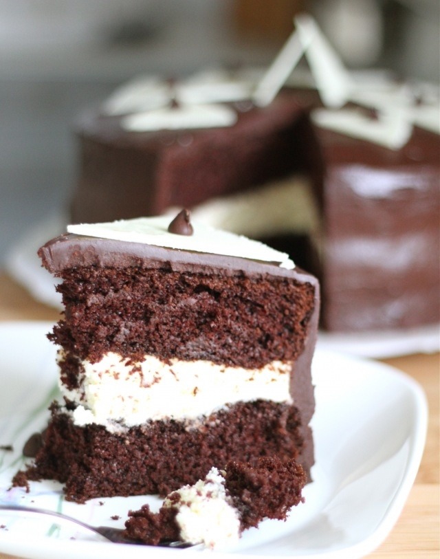 a slice of chocolate cake with white frosting