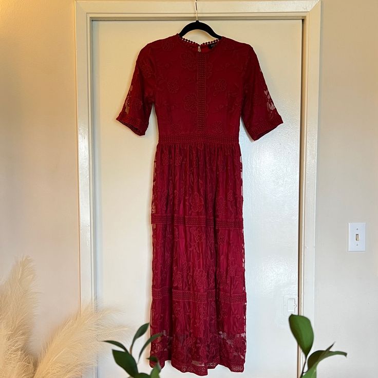 Burgundy Red. Never Worn. Satin Lining. Red Short Sleeve Maxi Dress For Fall, Fitted Burgundy Maxi Dress With Short Sleeves, Burgundy Fitted Short Sleeve Maxi Dress, Red Lace Midi Dress With Short Sleeves, Red Lace Dresses For Fall, Lace Midi, Burgundy Red, Midi Dress, Satin