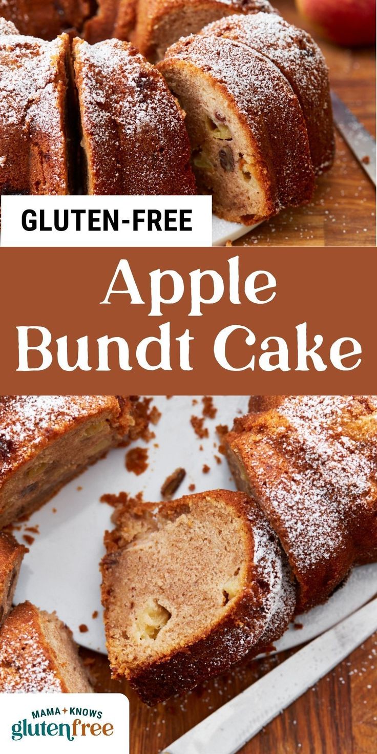 an apple bundt cake cut into slices on a cutting board with the words gluten - free