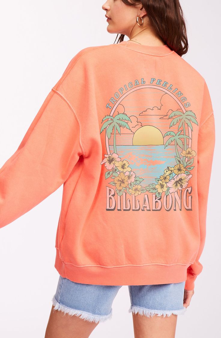 A tropical sun-faded graphic gives vacay vibes to this relaxed-fit crewneck sweatshirt cut from a cozy cotton-blend fabric. 28 1/2" length (size Medium) Crewneck 80% cotton, 20% polyester Machine wash, tumble dry Imported Casual Sweatshirt With Front Print And Relaxed Fit, Spring Graphic Print Sweatshirt For Leisure, Cotton Graphic Print Sweats For Leisure, Cotton Sweats With Graphic Print For Leisure, Leisure Cotton Sweats With Graphic Print, Graphic Print Crew Sweatshirt With Relaxed Fit, Spring Crew Neck Hoodie With Screen Print, Graphic Print Crew Sweats, Relaxed Fit Graphic Sweatshirt For Leisure