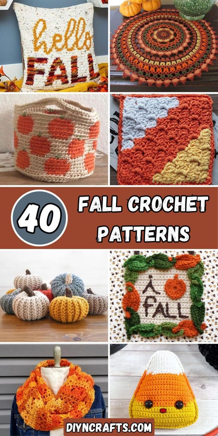 crochet patterns for pumpkins and other fall decorations with text overlay that reads 40 fall crochet patterns