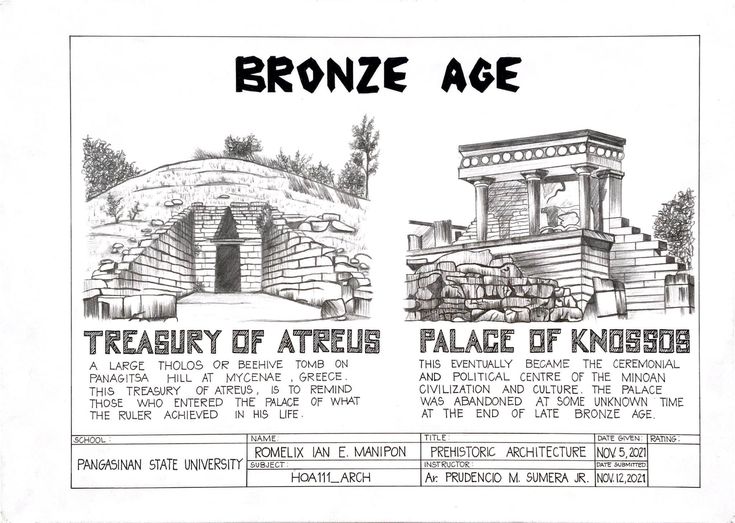 the brochure for bronze age is shown in black and white