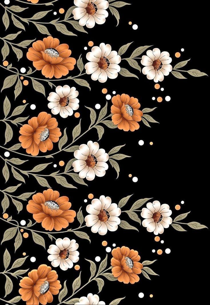 a black background with orange and white flowers