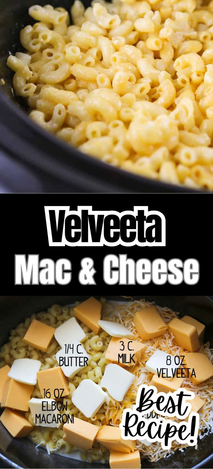 Collage of closeup shot of crock pot full of mac and cheese at top and overhead shot of crock pot with mac and cheese ingredients at bottom. Best Crockpot Mac And Cheese Recipe Velveeta, Best Easy Mac And Cheese Recipe Crockpot, Crock Pot Macaroni And Cheese Velveeta, Crock Pot Mac And Cheese No Boil, Crock Pot Mac And Cheese Recipe Slow Cooker, Crock Pot Mac And Cheese Velveeta Easy, Easy Mac And Cheese From Scratch, Simple Crock Pot Mac And Cheese, Mac And Cheese Crock Pot Recipes