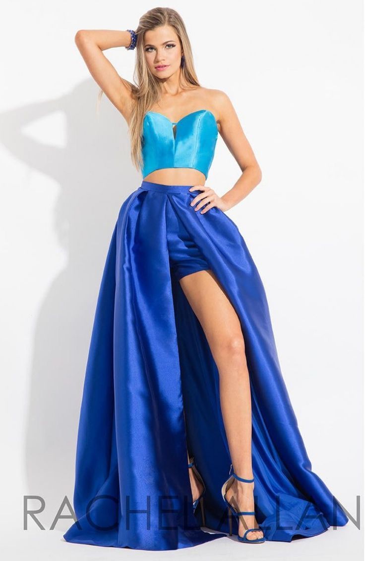 This fun fashion outfit by Rachel Allan is perfect for a Teen or Miss contestant! Click the link to shop! Satin Halter Dress, Homecoming Outfits, Satin Dress Long, Rachel Allan, Prom Style, Prom Designs, Piece Prom Dress, Prom Dresses With Sleeves, Pageant Dresses