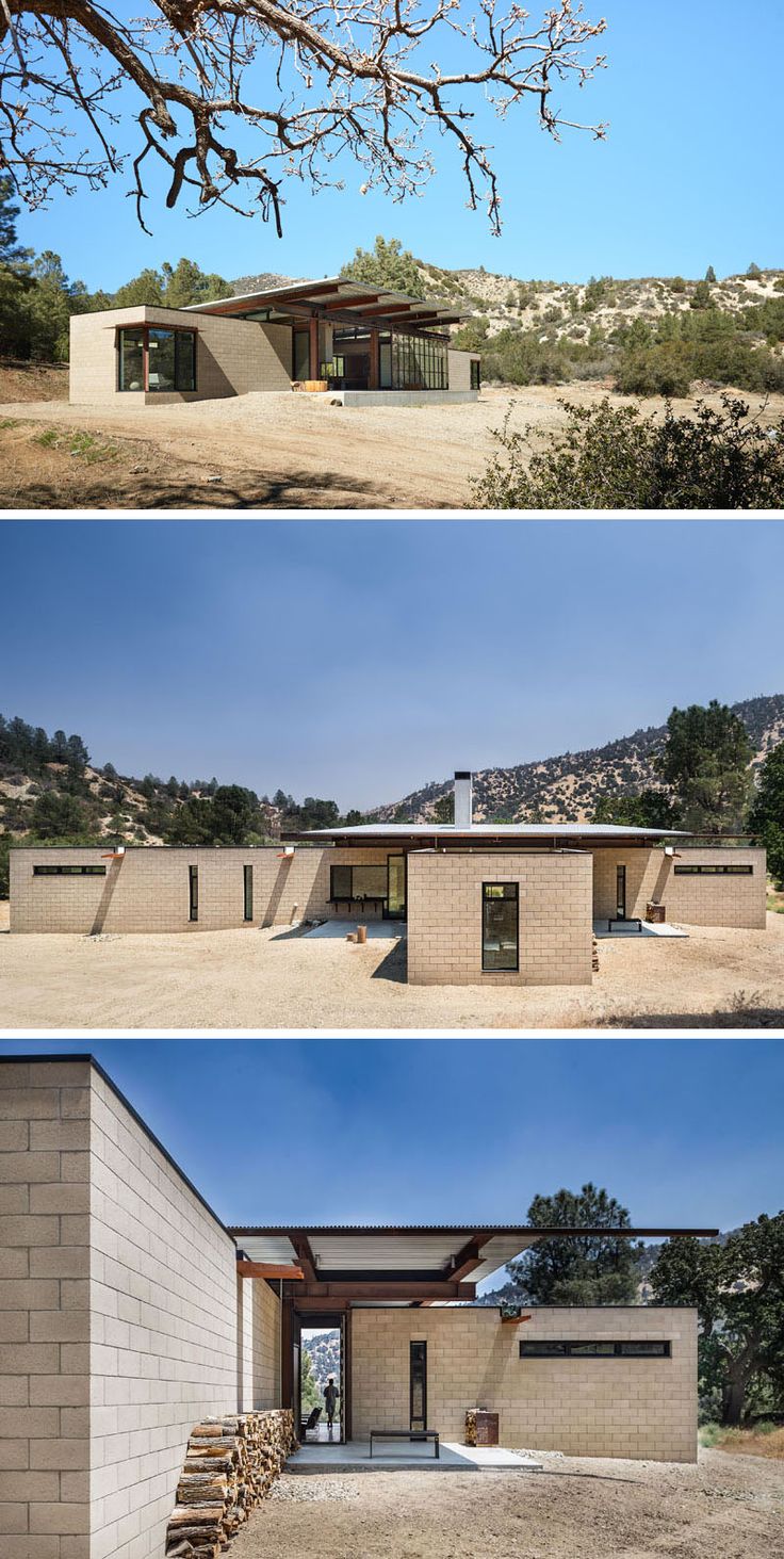 three different views of a house in the desert