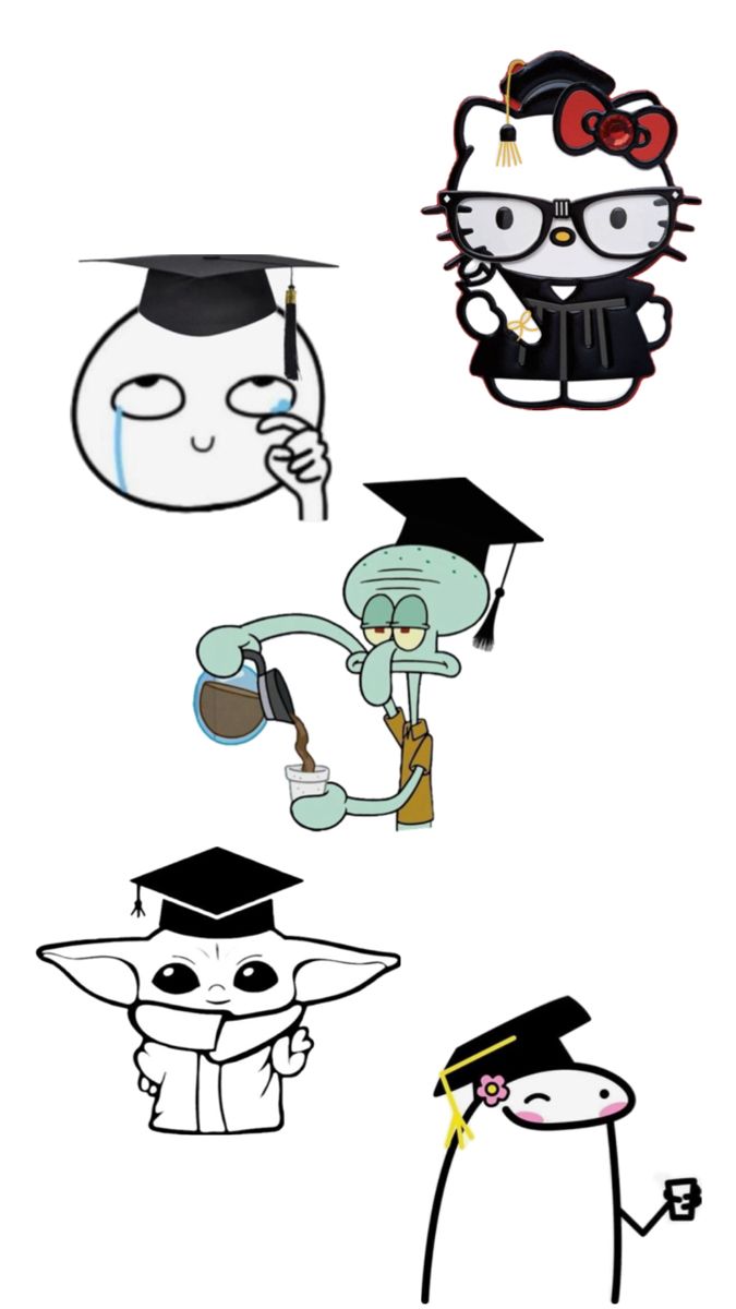 some cartoon characters with graduation caps and gowns, one in the process of doing different things