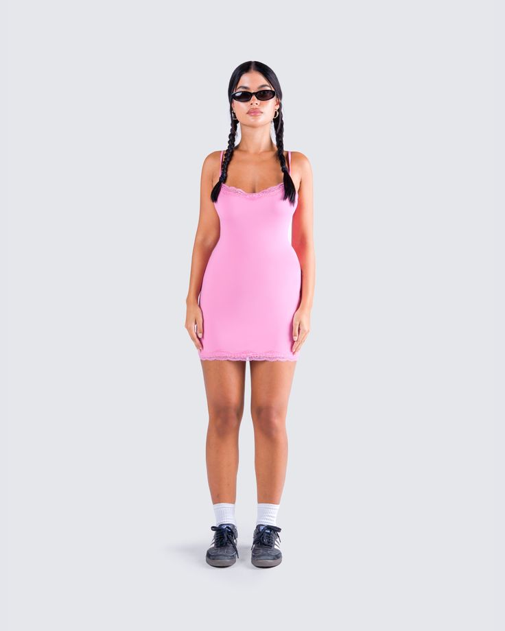 Nothing's better than a little pink dress 💗 Made from jersey fabric, and complete with lace trims, adjustable straps, and a pull-on style - this mini dress is a simple, and flirty look that is perfect for all occasions 😙 Casual Bodycon Mini Dress With Adjustable Straps, Pink Mini Dress With Built-in Bra, Flirty Spring Slip Dress With Stretch, Flirty Stretch Slip Dress For Spring, Trendy Pink Dress With Adjustable Straps, Casual Bodycon Mini Slip Dress, Pink Summer Mini Dress With Built-in Bra, Pink Fitted Mini Dress With Adjustable Straps, Pink Bodycon Dress With Built-in Bra