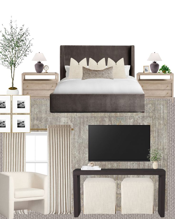 a bedroom design board with furniture and decor in neutral tones, including a bed, chair, desk, tv, lamp, window